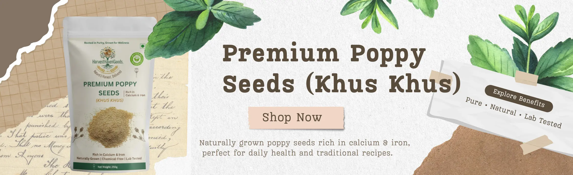 HarvestHavenGoods premium poppy seeds khus khus pack showing natural, chemical-free, calcium-rich and iron-rich nutrition