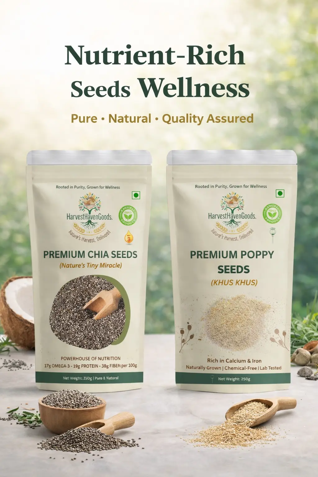 HarvestHavenGoods premium chia seeds and poppy seeds wellness banner showing natural, chemical-free, nutrient-rich seeds in premium packaging