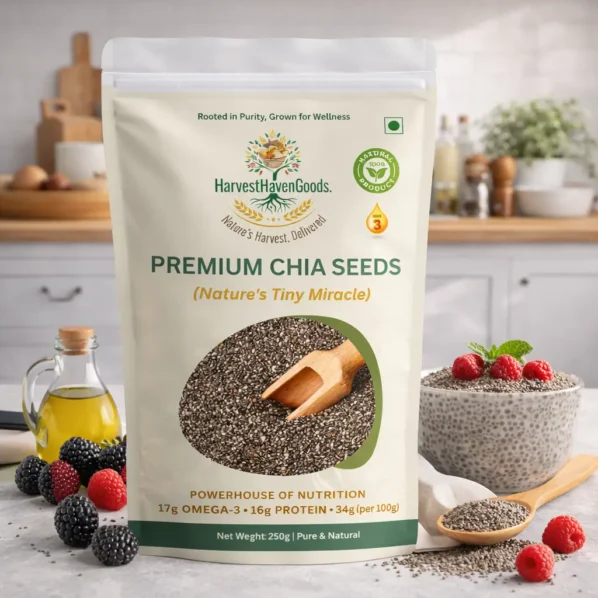 HarvestHavenGoods premium chia seeds used in kitchen for healthy meals natural superfood