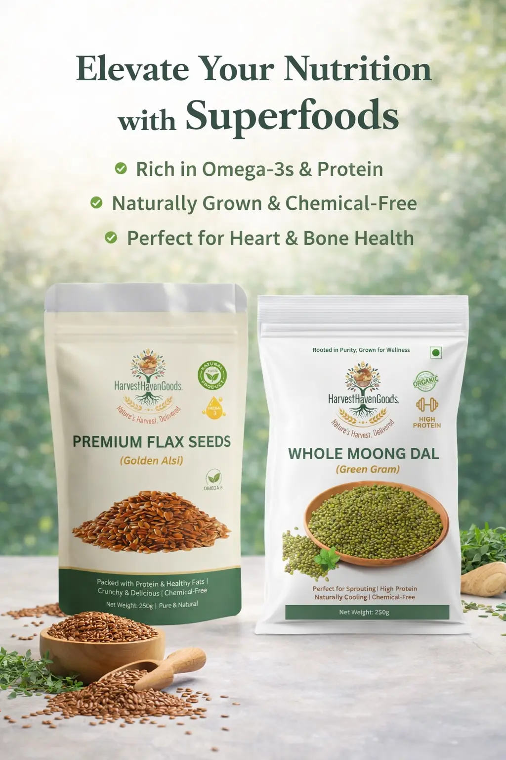 HarvestHavenGoods superfoods banner with premium flax seeds and whole moong dal showcasing high protein, omega-3 and natural nutrition