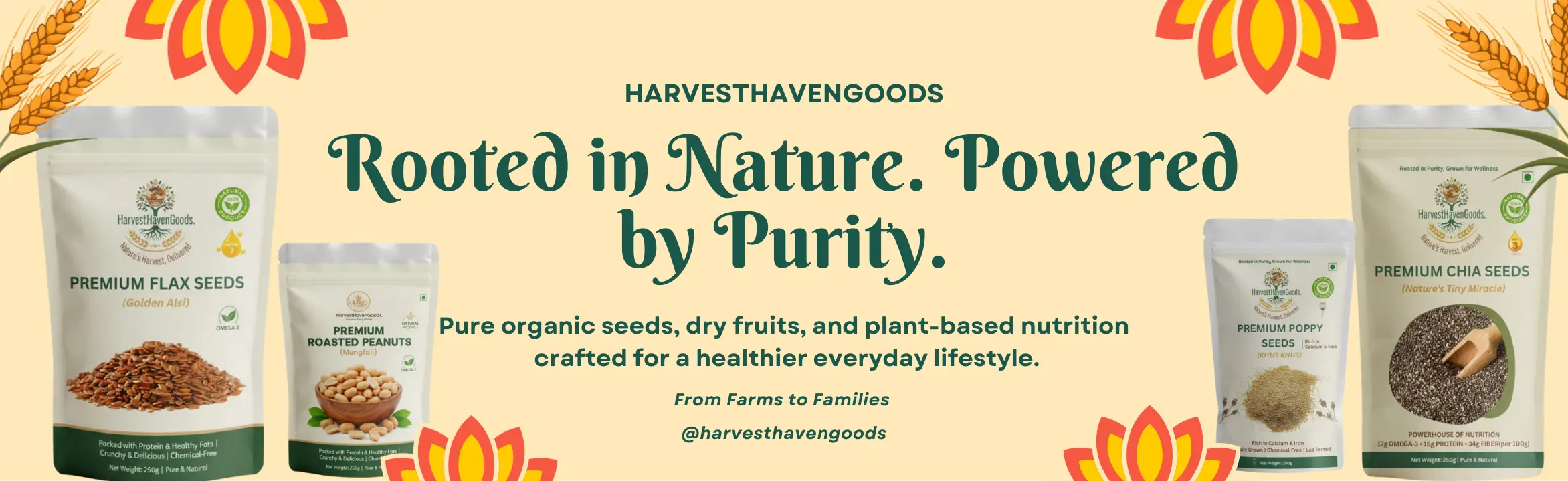 HarvestHavenGoods organic seeds and dry fruits banner with the tagline ‘Rooted in Nature. Powered by Purity.