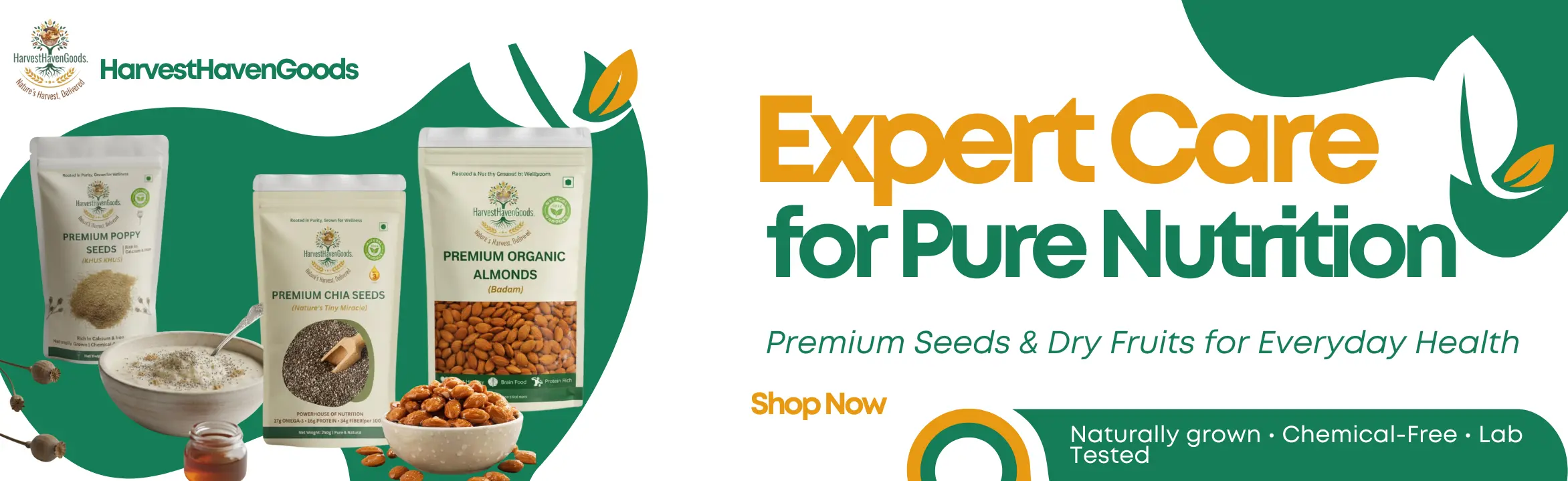 HarvestHavenGoods premium organic seeds and dry fruits including poppy seeds, chia seeds, and almonds, naturally grown and chemical-free.