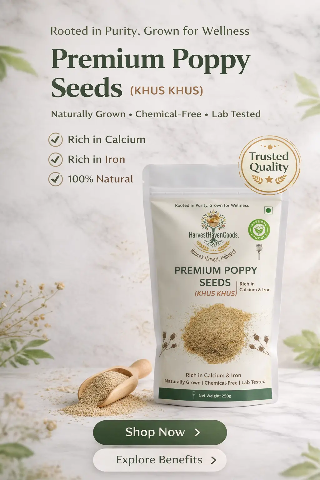 HarvestHavenGoods premium poppy seeds khus khus pack showing natural, chemical-free, calcium-rich and iron-rich nutrition