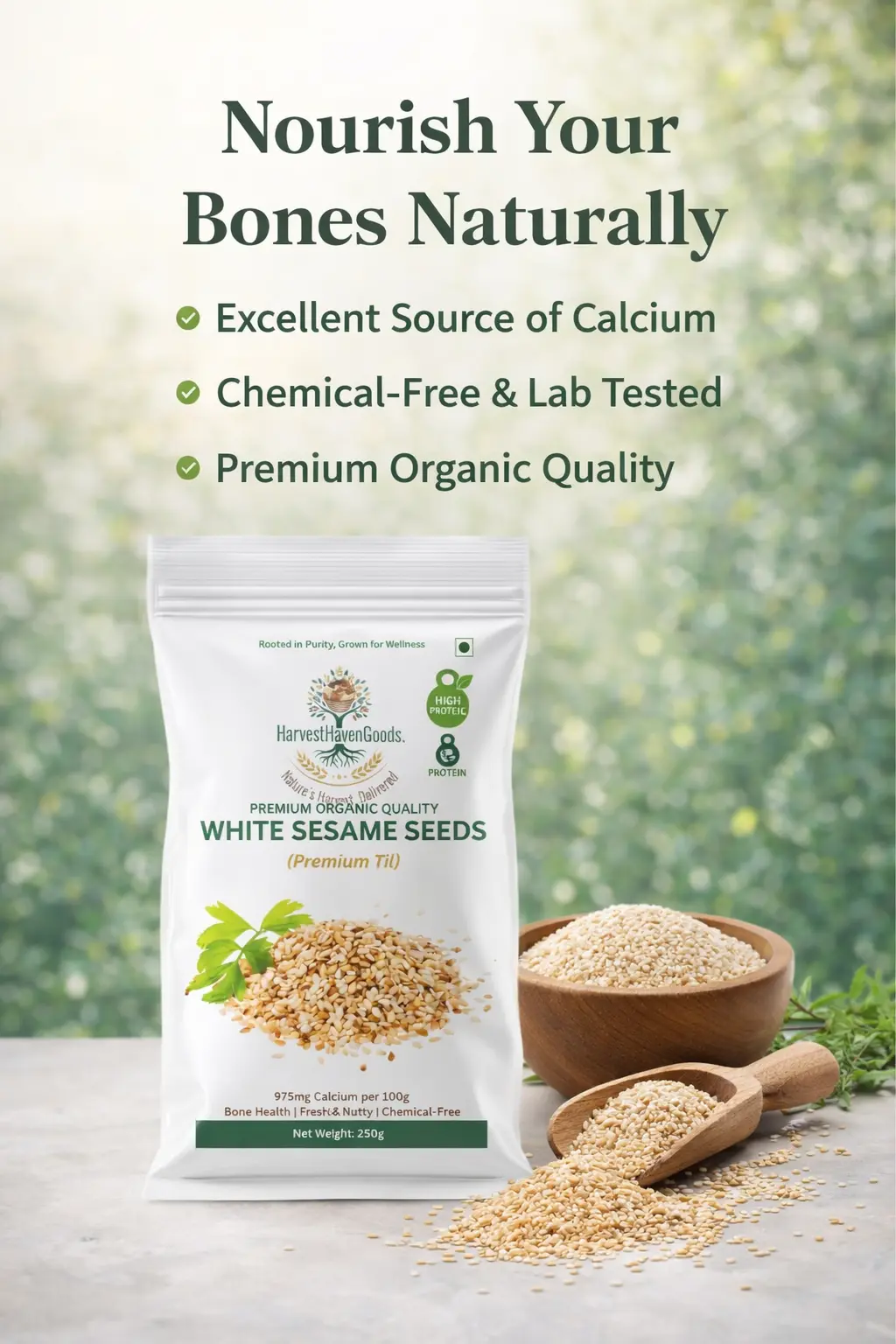 HarvestHavenGoods premium organic white sesame seeds banner highlighting high calcium, protein and chemical-free nutrition