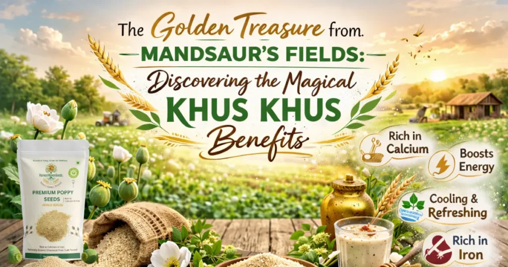 Khus Khus Benefits: Premium organic khus khus poppy seeds from Mandsaur farms showing health benefits - rich in calcium, boosts energy, cooling and refreshing, rich in iron - HarvestHavenGoods chemical-free natural poppy seeds