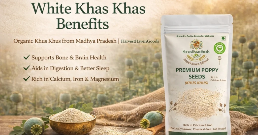 White Khas Khas Benefits — HarvestHavenGoods Premium Organic Poppy Seeds (Khus Khus) Rich in Calcium, Iron & Magnesium | Supports Bone, Brain Health & Better Sleep | Chemical-Free, Naturally Grown in Madhya Pradesh