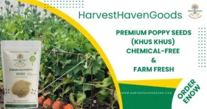 Khus Khus Seeds Benefits: HarvestHavenGoods Premium Poppy Seeds Khus Khus package on rustic wooden table with scattered organic poppy seeds in golden brass bowl and poppy pods from Mandsaur farm