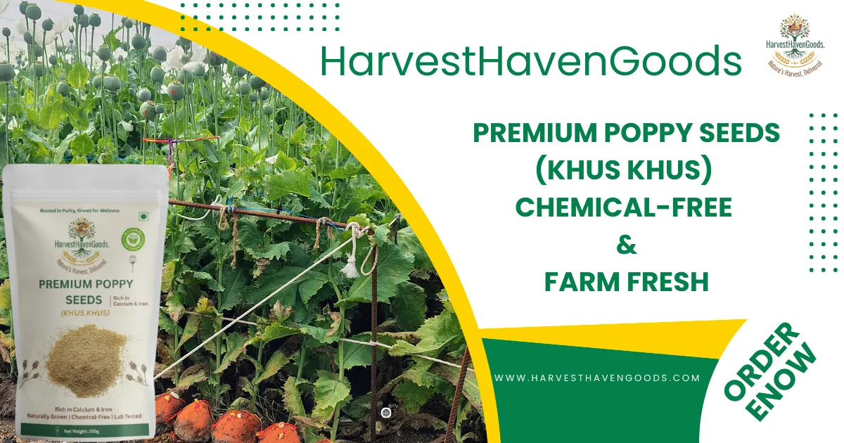 Khus Khus Seeds Benefits: HarvestHavenGoods Premium Poppy Seeds Khus Khus package on rustic wooden table with scattered organic poppy seeds in golden brass bowl and poppy pods from Mandsaur farm