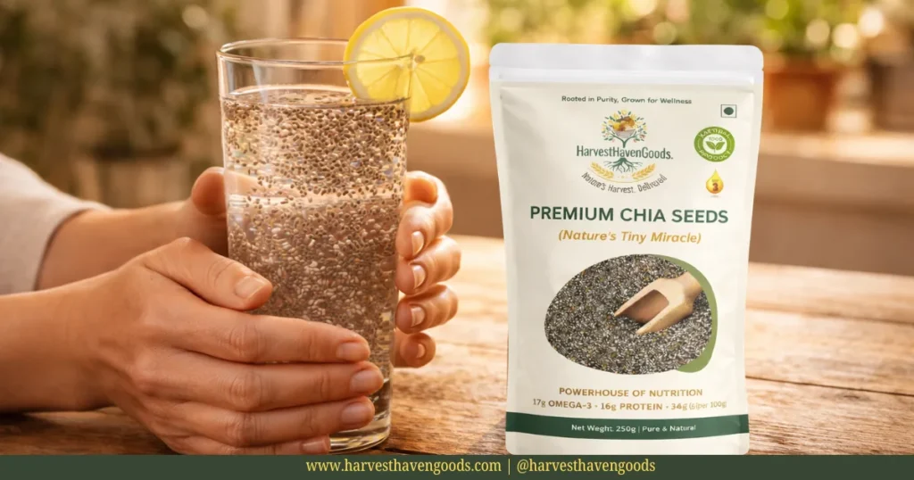 Woman holding a glass of chia seed water drink showing how to use chia seeds benefits for females in daily routine