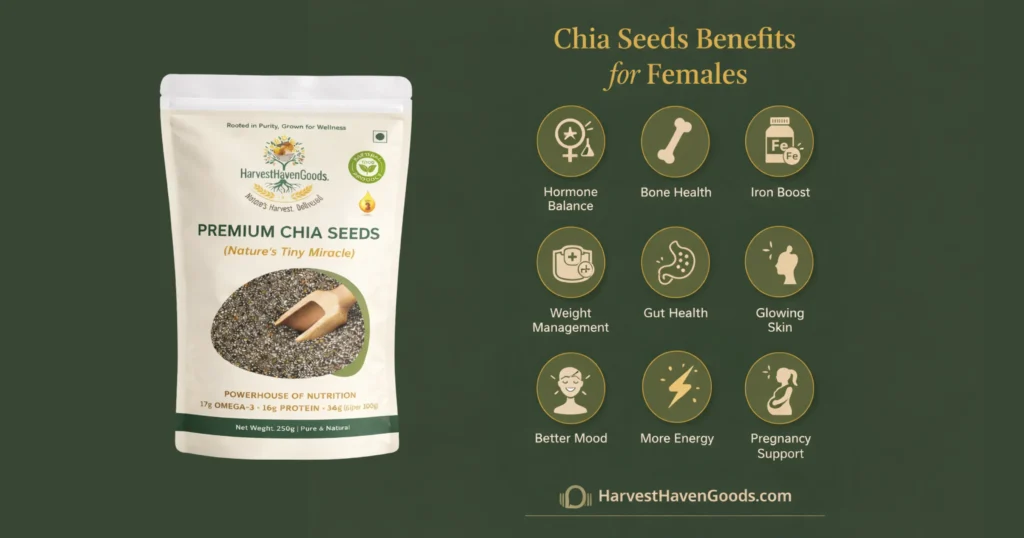 Infographic showing chia seeds benefits for females including hormone balance, bone health, skin glow, and energy boost