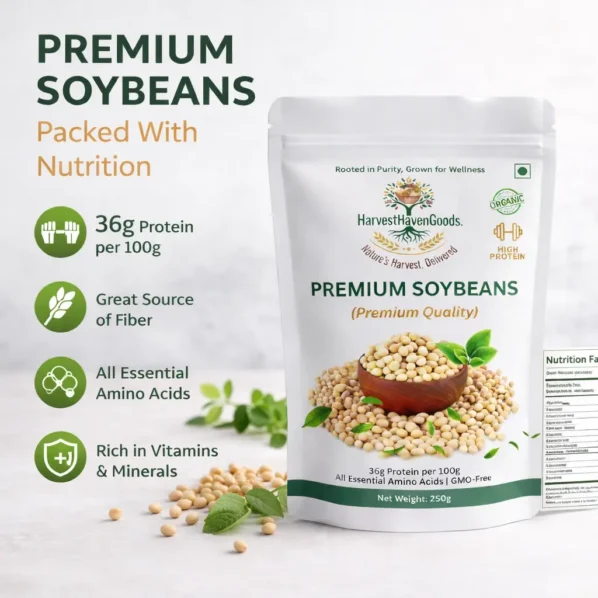 HarvestHavenGoods organic high protein soybeans grown on certified organic farms - premium quality non-GMO soybeans with natural harvest background