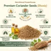 Whole coriander seeds sabut dhaniya in wooden bowl and spoon with fresh green coriander leaves — aromatic organic dhania close up