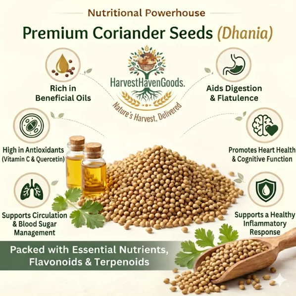 Whole coriander seeds sabut dhaniya in wooden bowl and spoon with fresh green coriander leaves — aromatic organic dhania close up