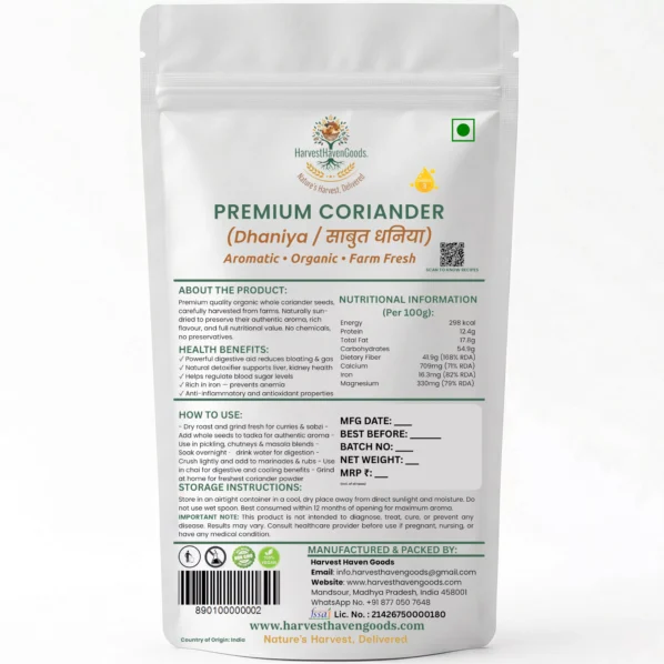 HarvestHavenGoods Premium Coriander Seeds health benefits infographic — supports digestion gastric health aids toxin removal anti-inflammatory antioxidants cognitive function muscle recovery FSSAI certified