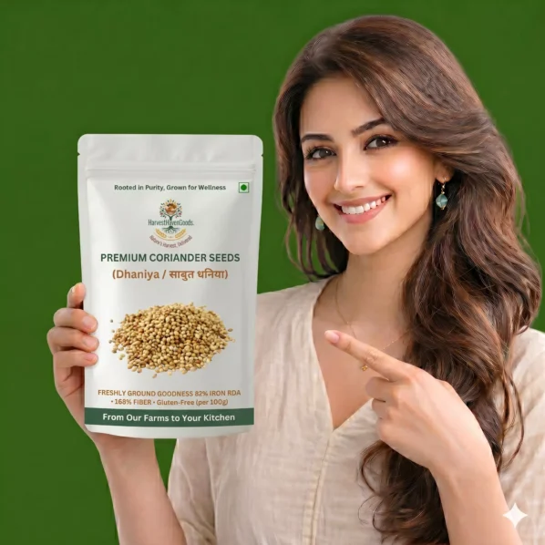 Woman holding HarvestHavenGoods Premium Coriander Seeds Sabut Dhaniya pack — 168% Fiber 82% Iron RDA Gluten-Free farm fresh organic dhania from Mandsour Madhya Pradesh
