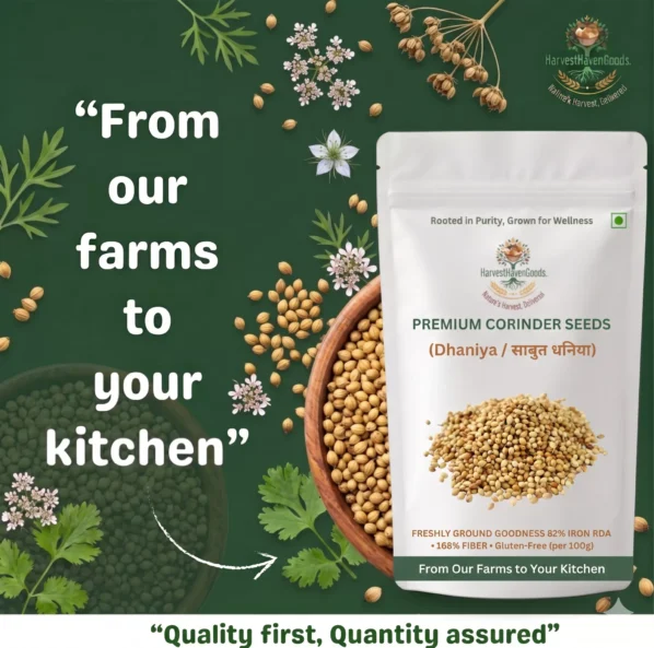 HarvestHavenGoods Premium Coriander Seeds Sabut Dhaniya — the product you see is the product you get — organic dhania in wooden bowl on green background
