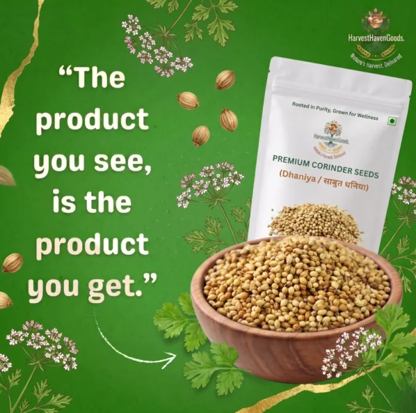 HarvestHavenGoods Premium Coriander Seeds Dhania nutritional powerhouse infographic — rich in beneficial oils antioxidants Vitamin C quercetin aids digestion supports circulation blood sugar heart health