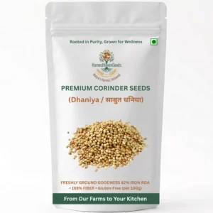 HarvestHavenGoods Premium Coriander Seeds Sabut Dhaniya white standup pouch with whole dhania seeds and green logo — 168% Fiber 82% Iron RDA Gluten-Free