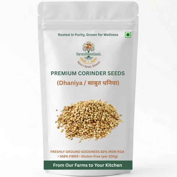 HarvestHavenGoods Premium Coriander Seeds Sabut Dhaniya white standup pouch with whole dhania seeds and green logo — 168% Fiber 82% Iron RDA Gluten-Free