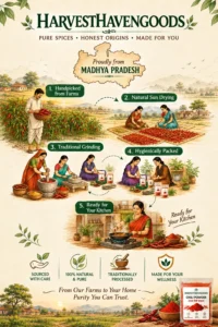 HarvestHavenGoods red chili powder made from handpicked chilies in Madhya Pradesh